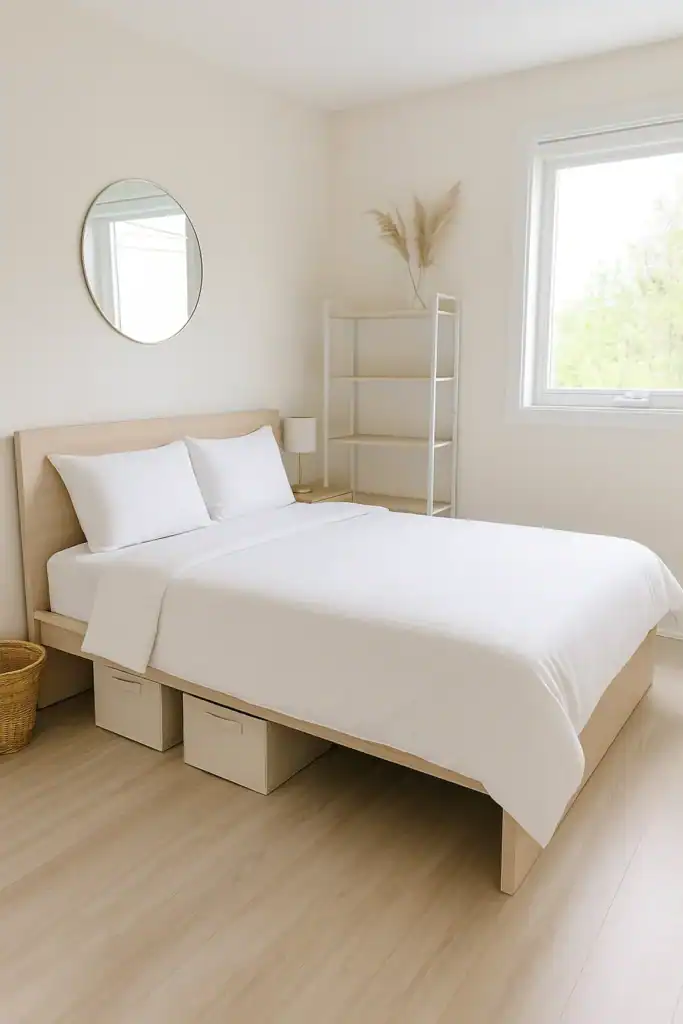 small minimalist bedroom with under-bed storage boxes and neutral decor