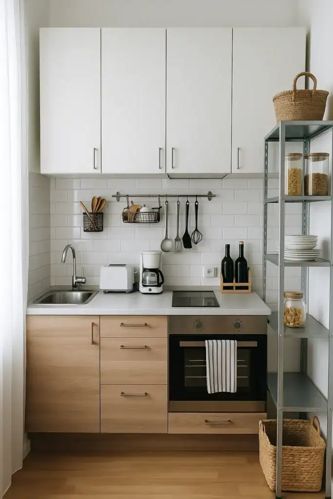 small kitchen with wall-mounted racks, open shelving, and compact appliances