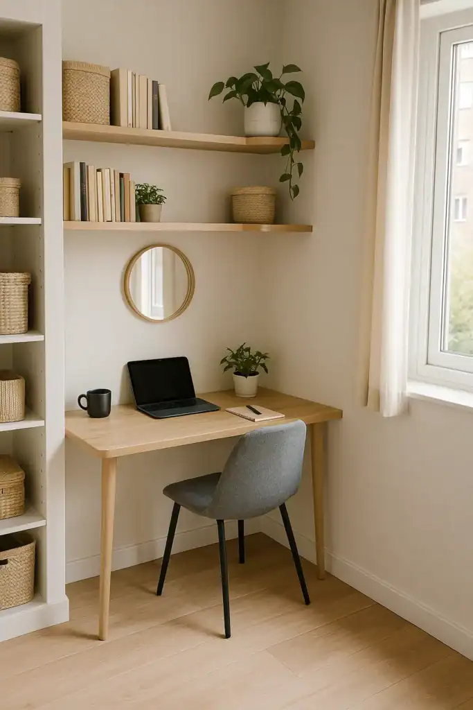 compact corner workspace with wooden desk, floating shelves, and natural light