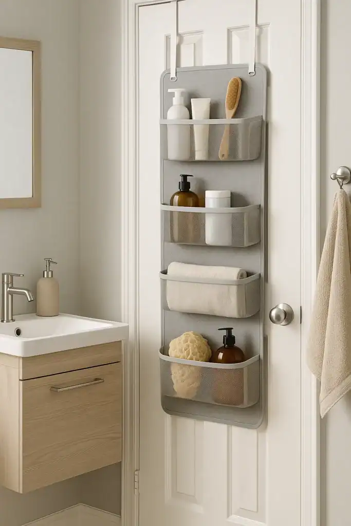 over-the-door bathroom organizer holding toiletries and towels in a small bathroom