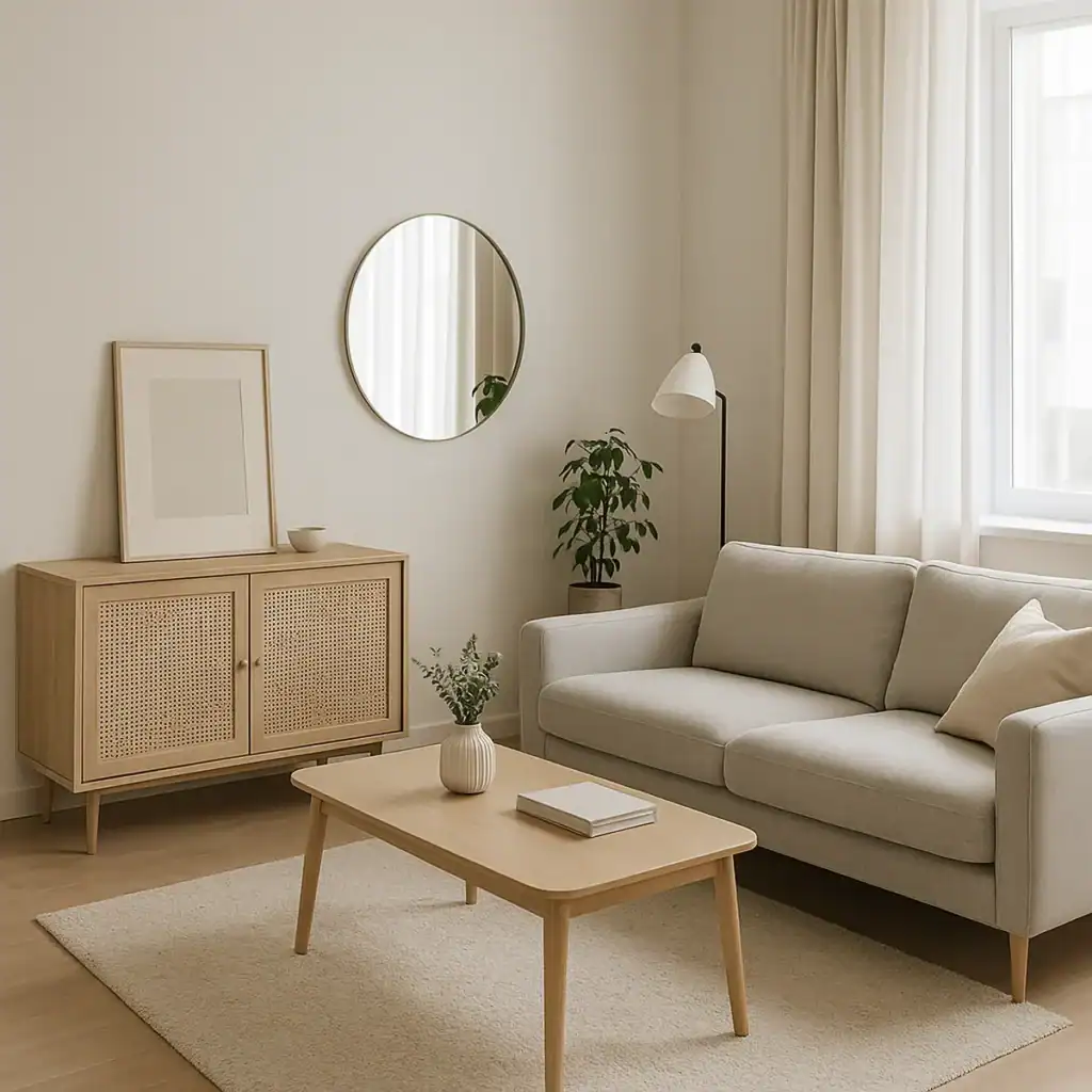 minimalist small living room with neutral decor, wooden furniture, and soft natural lighting