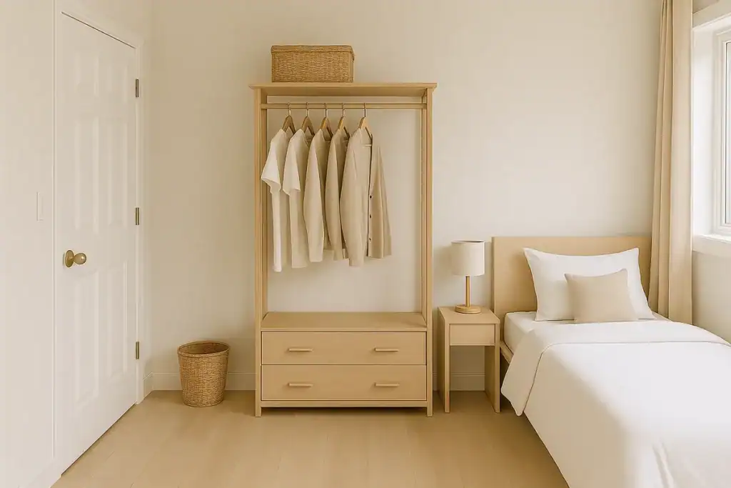 small bedroom layout ideas showing a wardrobe placed near the door to improve room flow