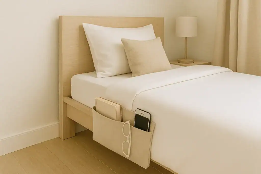 small bedroom layout ideas featuring a bedside caddy as a space-saving nightstand alternative