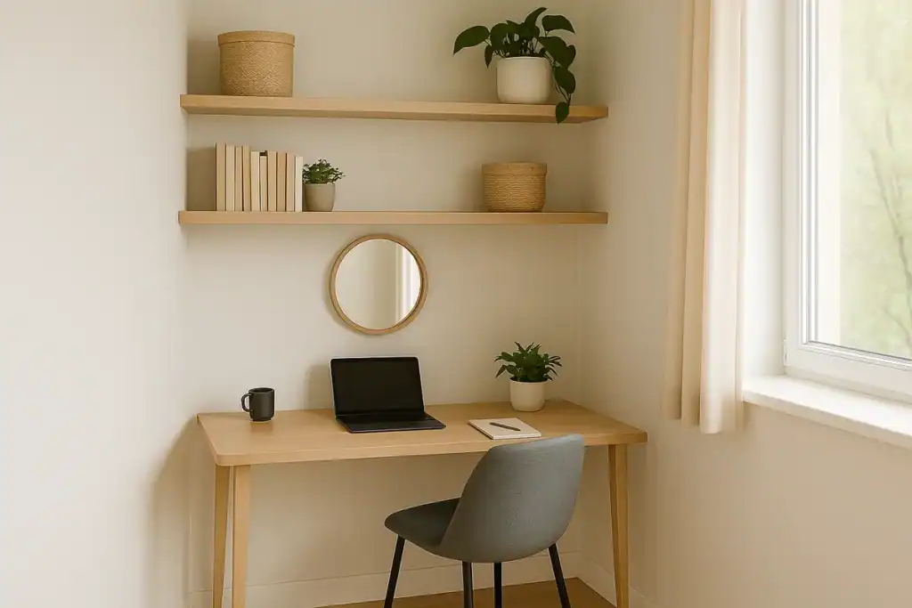 small bedroom layout ideas showing a corner workspace with a minimalist desk and floating shelves