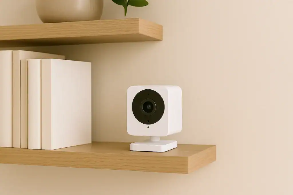 affordable security camera for renters on a small apartment shelf
