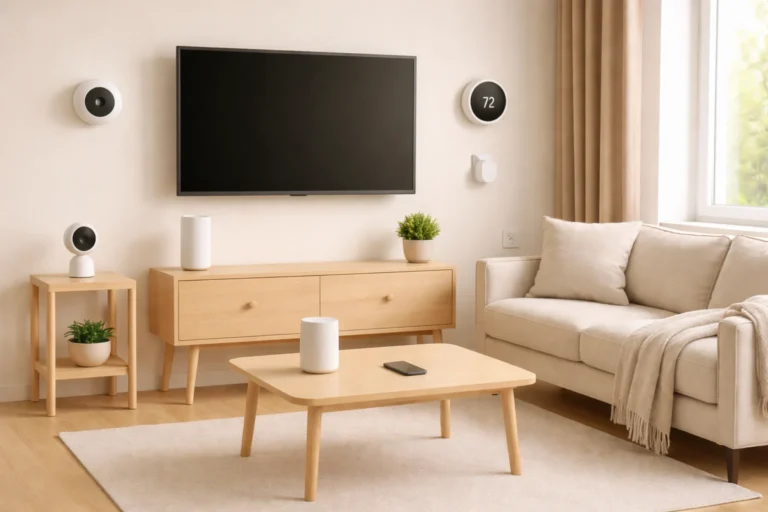 affordable smart home gadgets for small apartments in a minimal living room setup