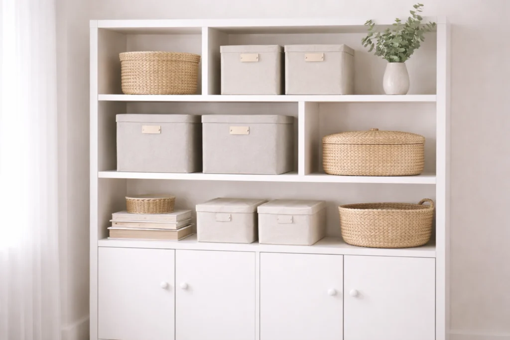 small space storage solutions with closed storage bins