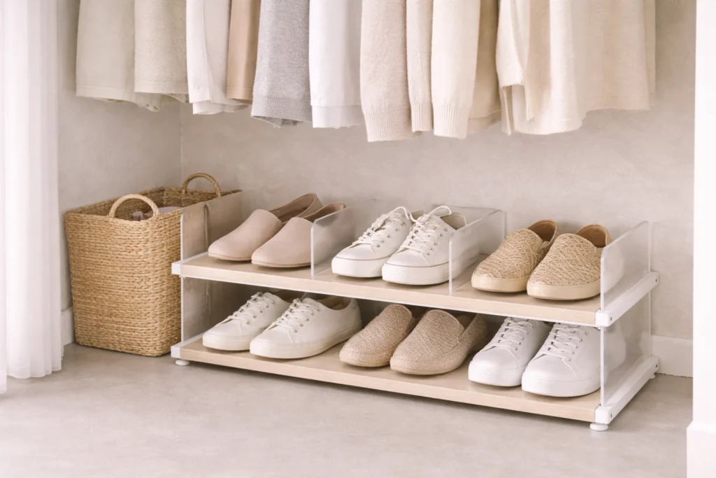Compact shoe storage under hanging clothes in a small closet