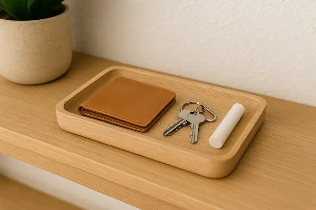 wall mounted hooks and floating shelves used in small entryway ideas for beginners