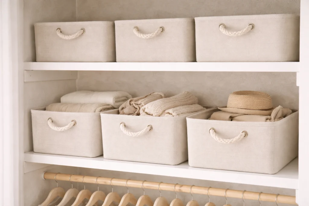 Fabric storage bins neatly arranged on closet shelves