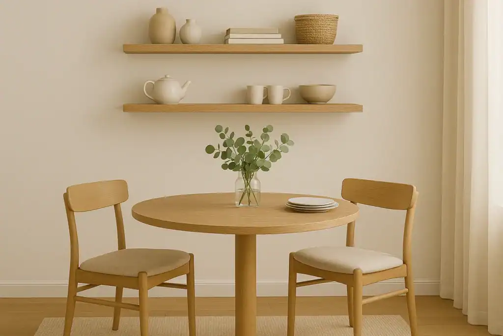 floating shelves above a small dining table in a tiny apartment
