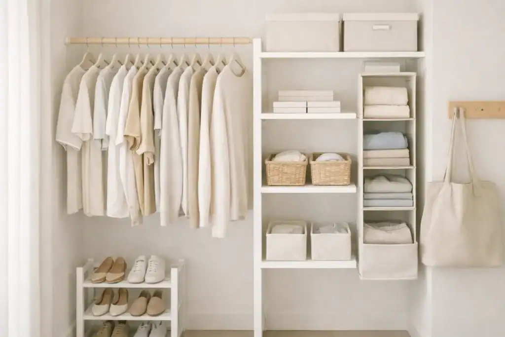neutral and minimal small closet organization setup