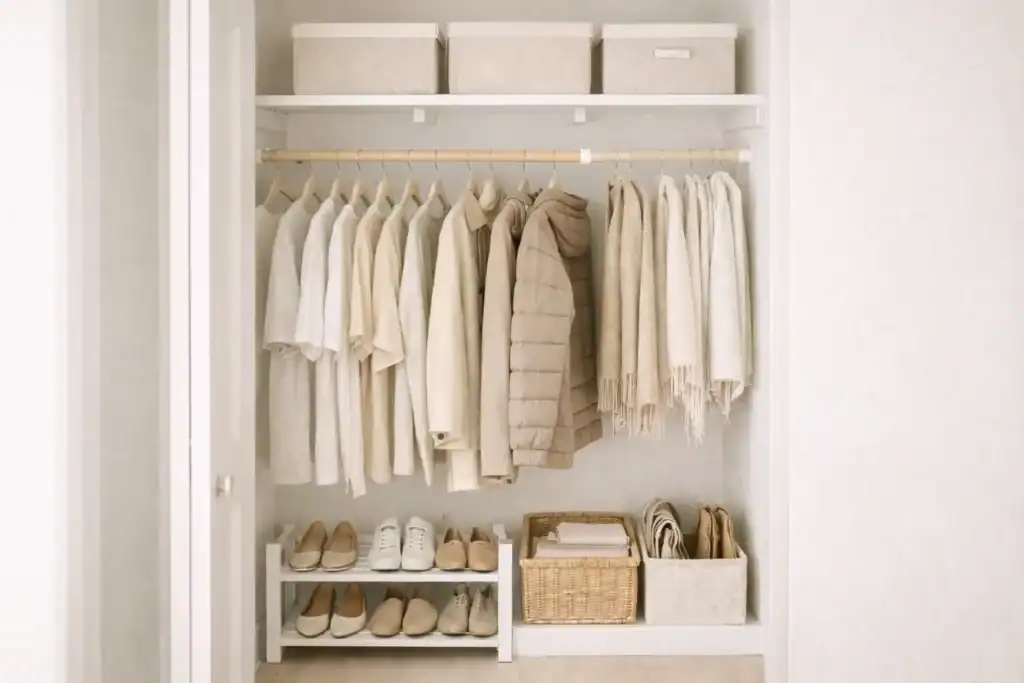 decluttered small closet with grouped clothing categories