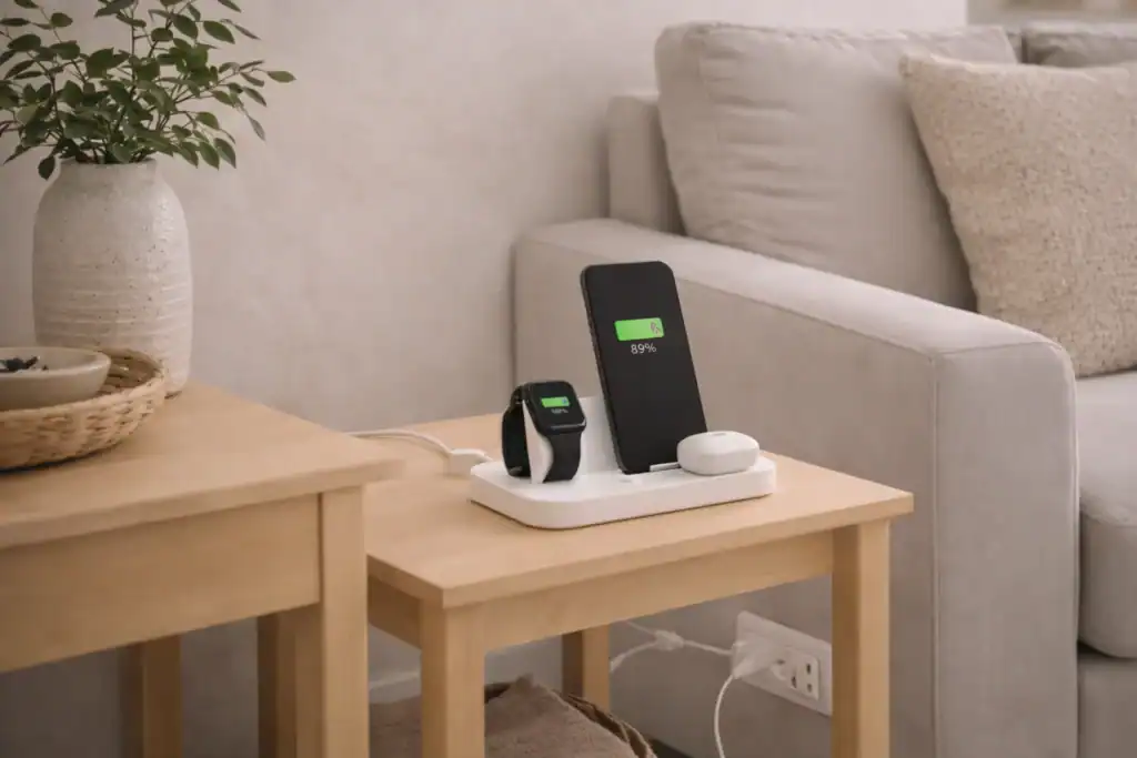 minimalist charging station on a small table with neatly managed cables