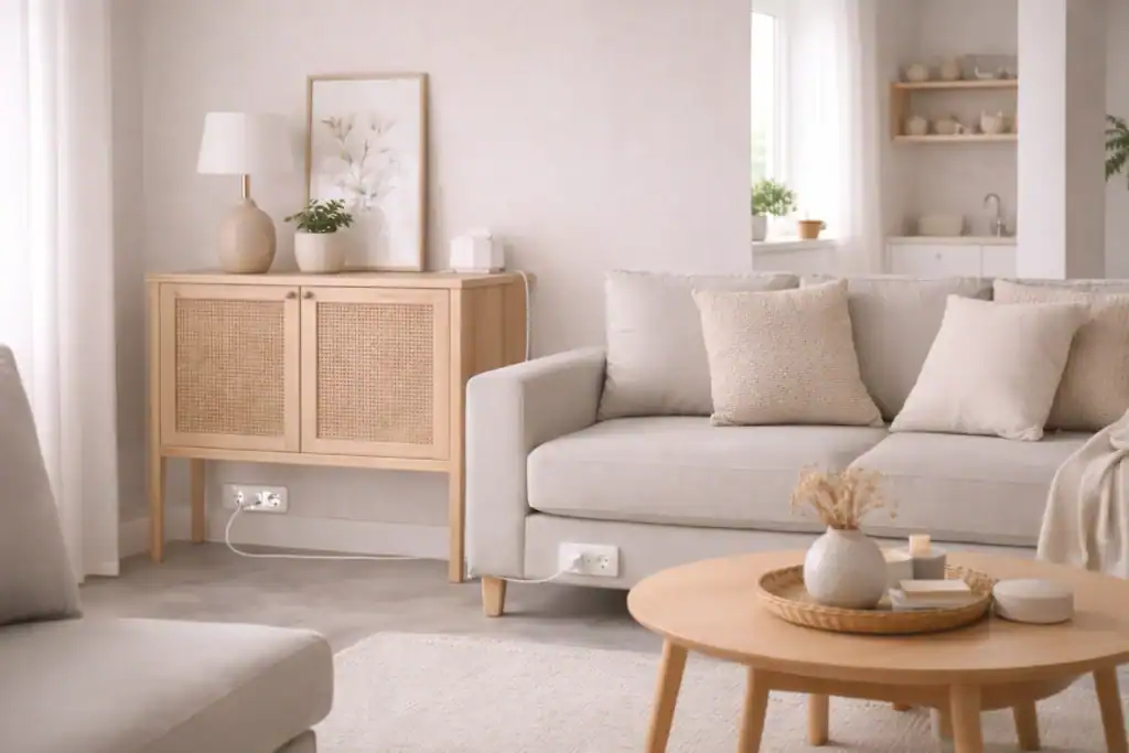 small apartment living area with subtle smart gadgets like smart plugs and minimal cables