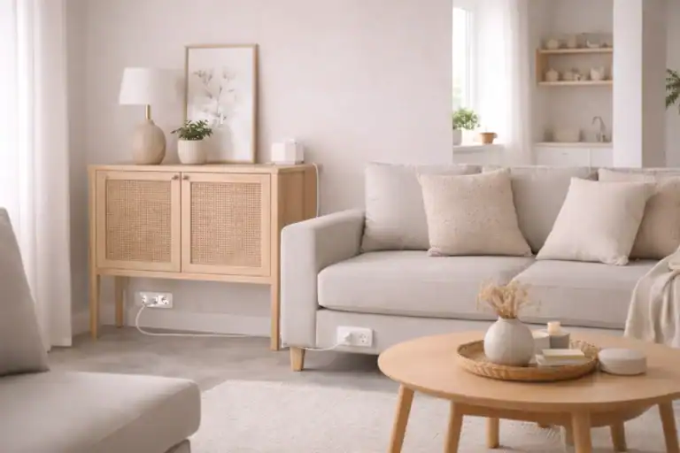 small apartment living area with subtle smart gadgets like smart plugs and minimal cables