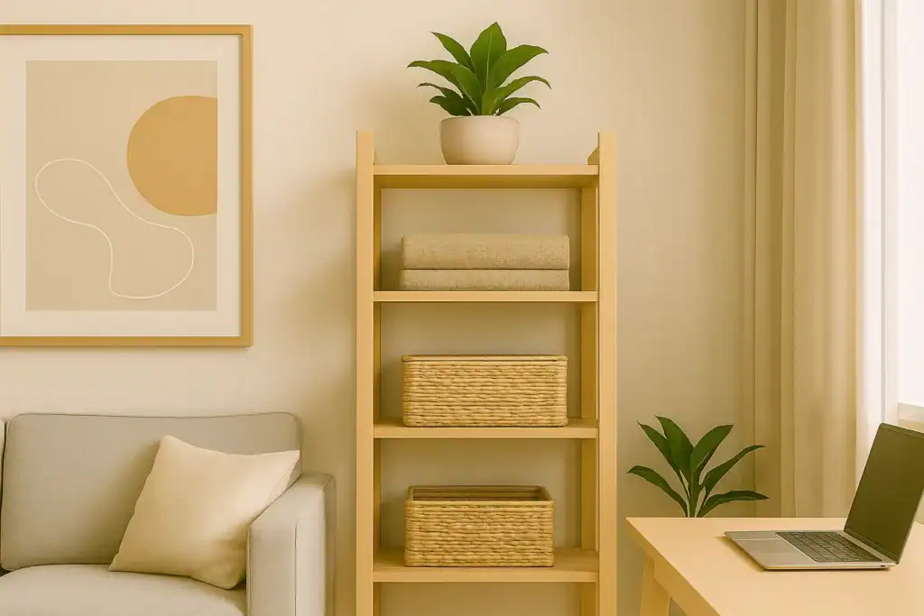 vertical shelving used for small living room layout ideas for beginners