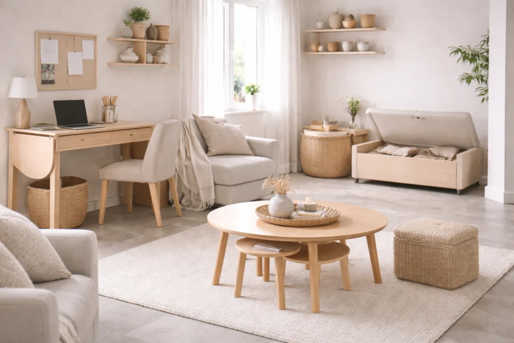 flexible furniture arrangement in a compact apartment