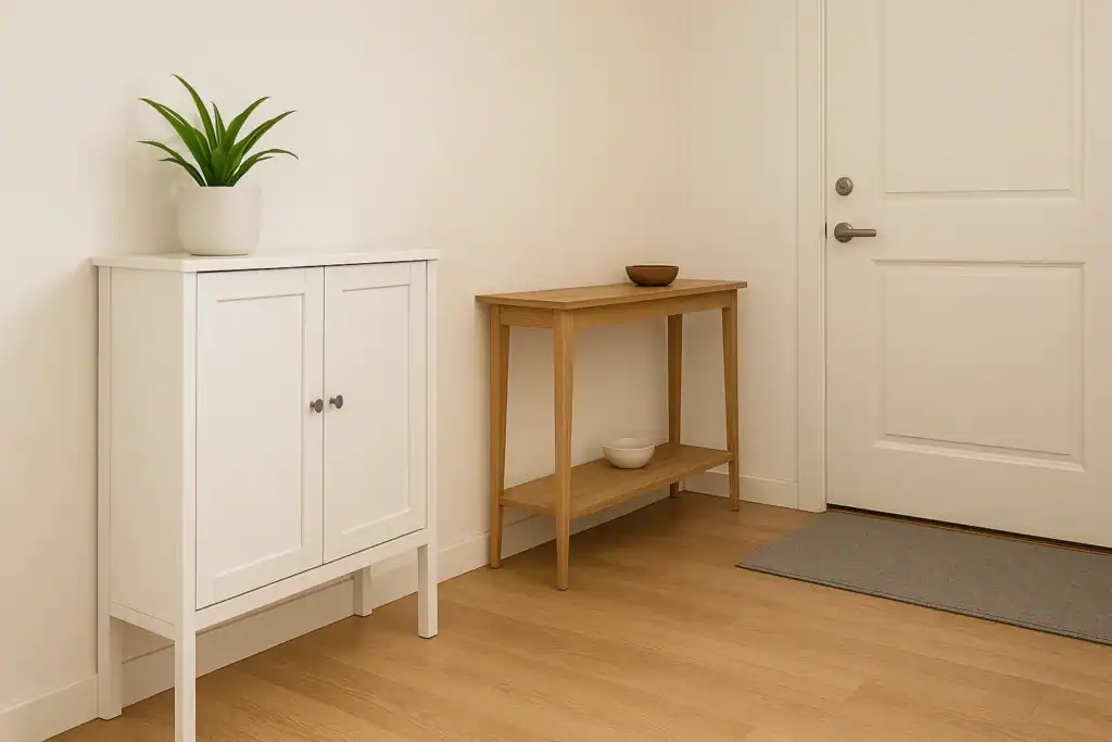 narrow shoe cabinet and slim console table for small entryway ideas for beginners