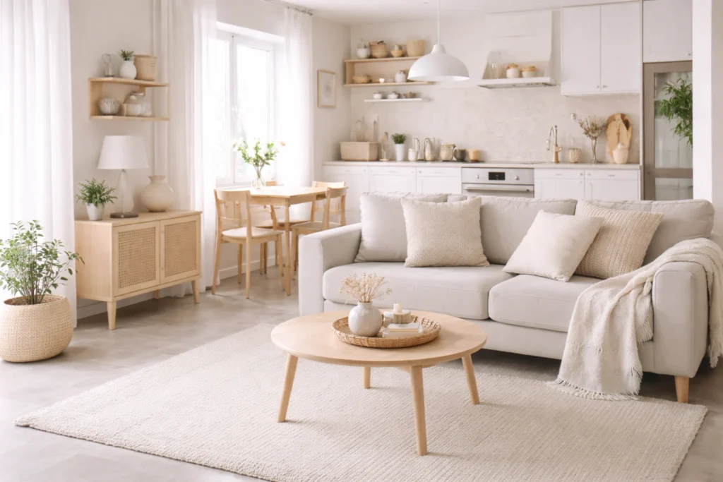 calm small space living area with open layout and neutral tones
