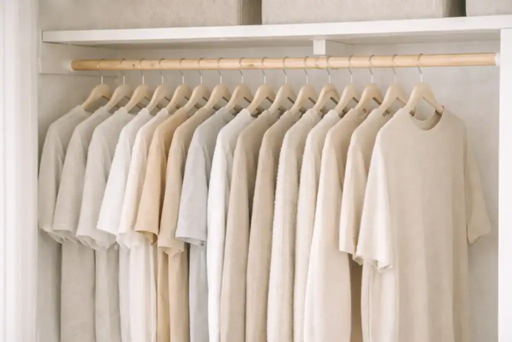 Slim matching hangers holding neutral clothing in a small closet