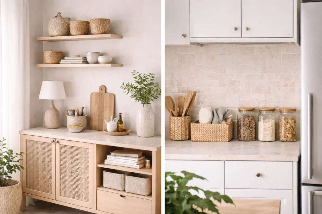 cohesive small apartment with matching storage and neutral palette