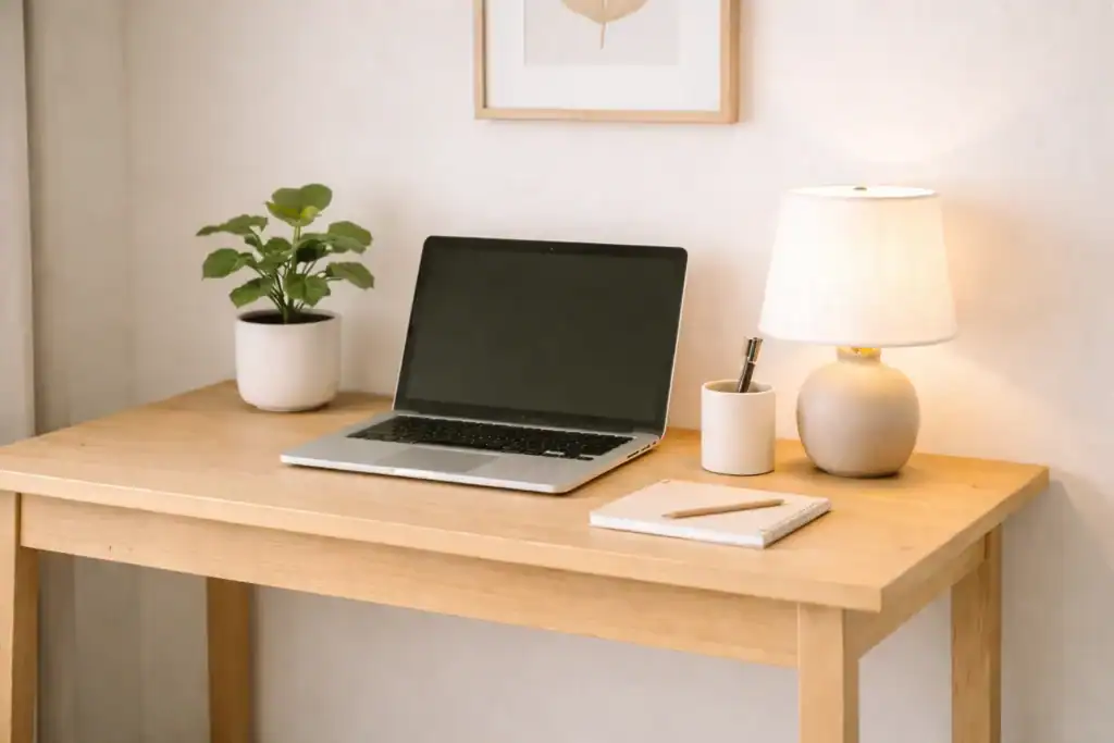 cozy small home office setup with plant and framed art