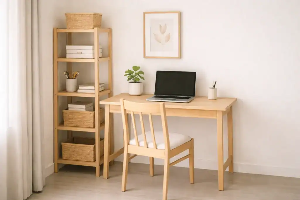 vertical shelves used in a small home office setup