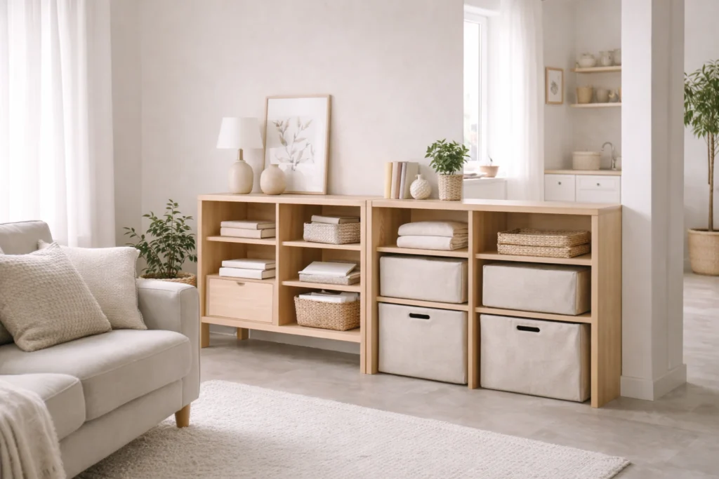 small apartment storage with mix of open shelves and closed bins