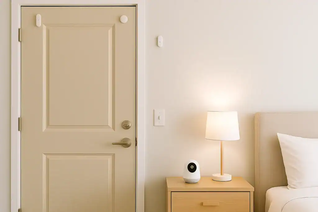 Smart home sensors for small entryways and bedrooms in a minimalist small apartment setup