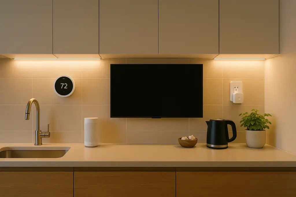 affordable smart home gadgets for small apartments with LED light strips under cabinets