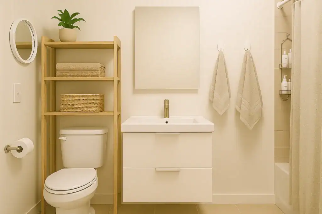 tiny bathroom organization tips for beginners in a small modern bathroom