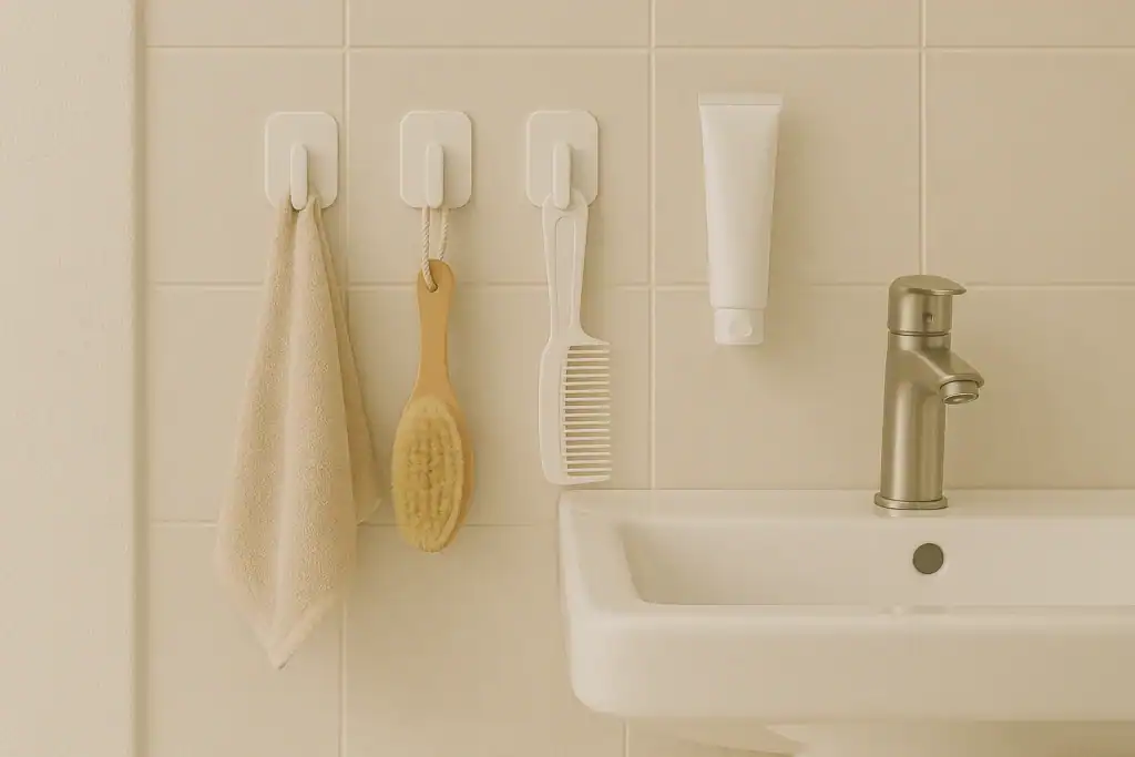 stick on hooks for tiny bathroom organization tips for beginners
