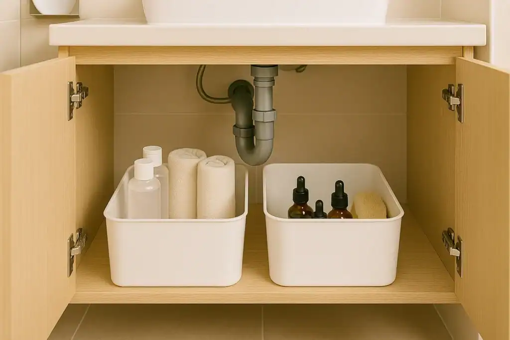 under sink storage bins for tiny bathroom organization tips for beginners