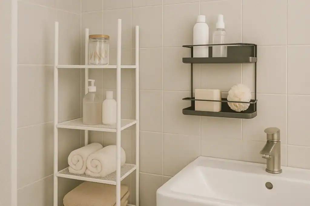 tiny bathroom organization tips for beginners using vertical racks and shelves