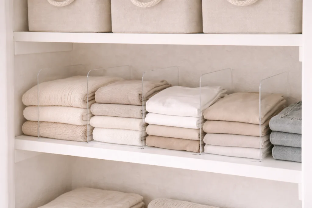 Vertical shelf dividers separating folded clothing in a small closet