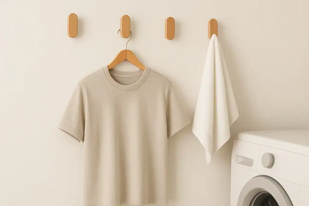wall hooks used for air drying clothes in a small laundry area