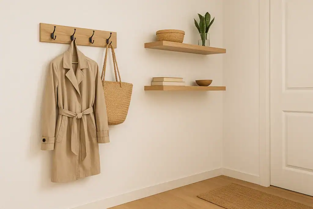 wall mounted hooks and floating shelves used in small entryway ideas for beginners