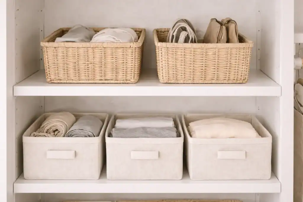 storage bins and baskets used in a small closet