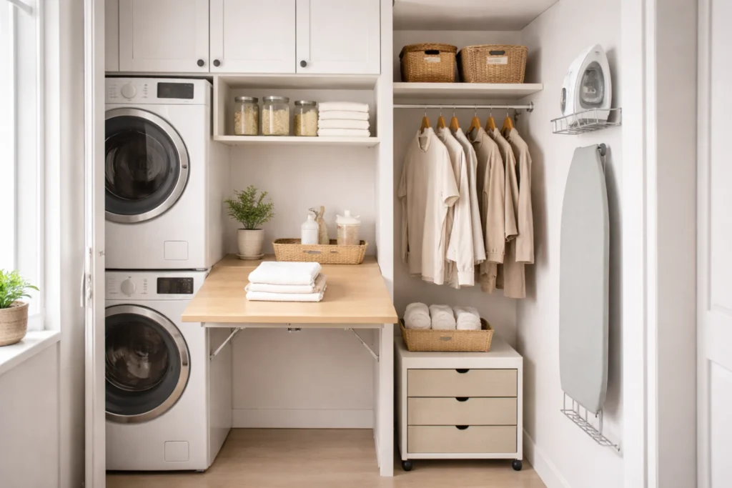 space-saving compact laundry room ideas with multifunctional surfaces