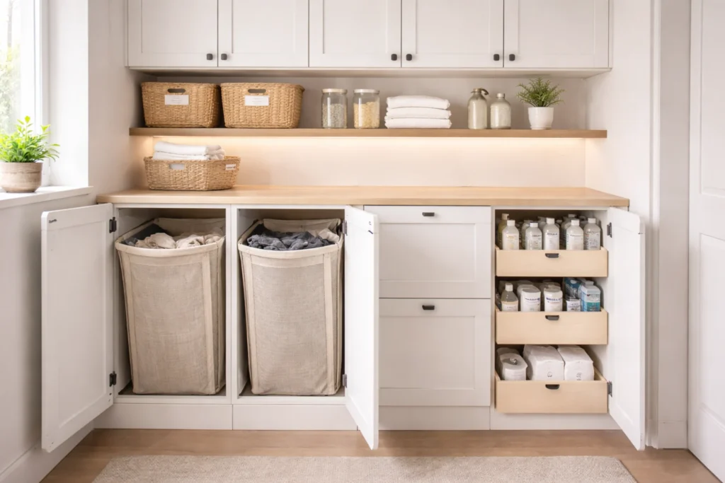 organized compact laundry room ideas with concealed storage
