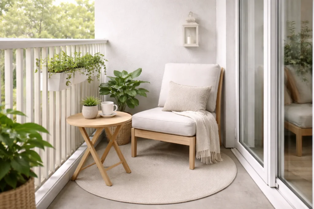 small balcony ideas with simple seating layout
