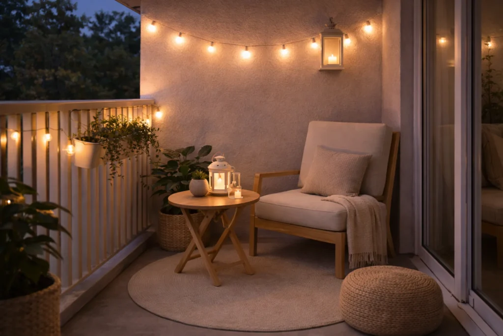 small balcony ideas with soft outdoor lighting
