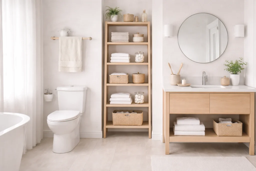 small bathroom layout ideas using vertical shelving