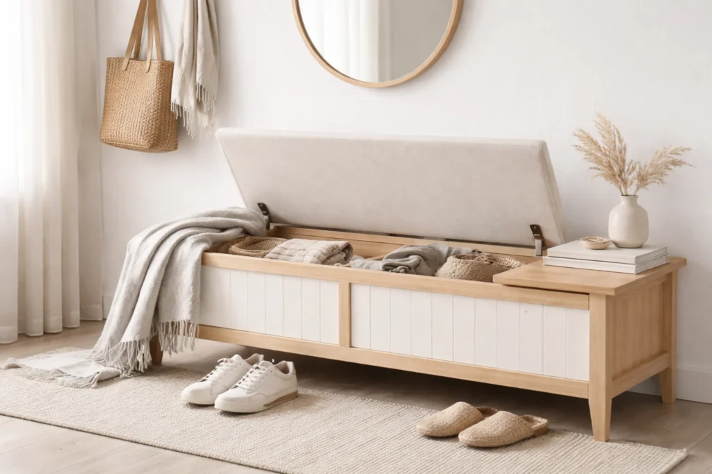 smart storage furniture ideas using a storage bench in a small apartment