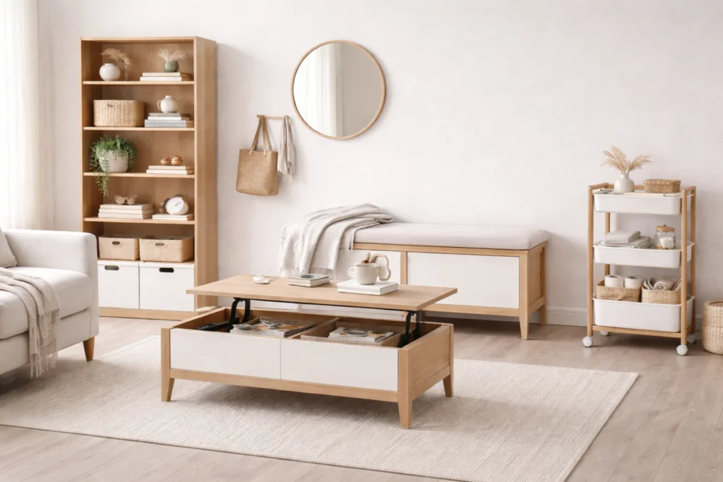 smart storage furniture ideas with neutral cohesive furniture in small home