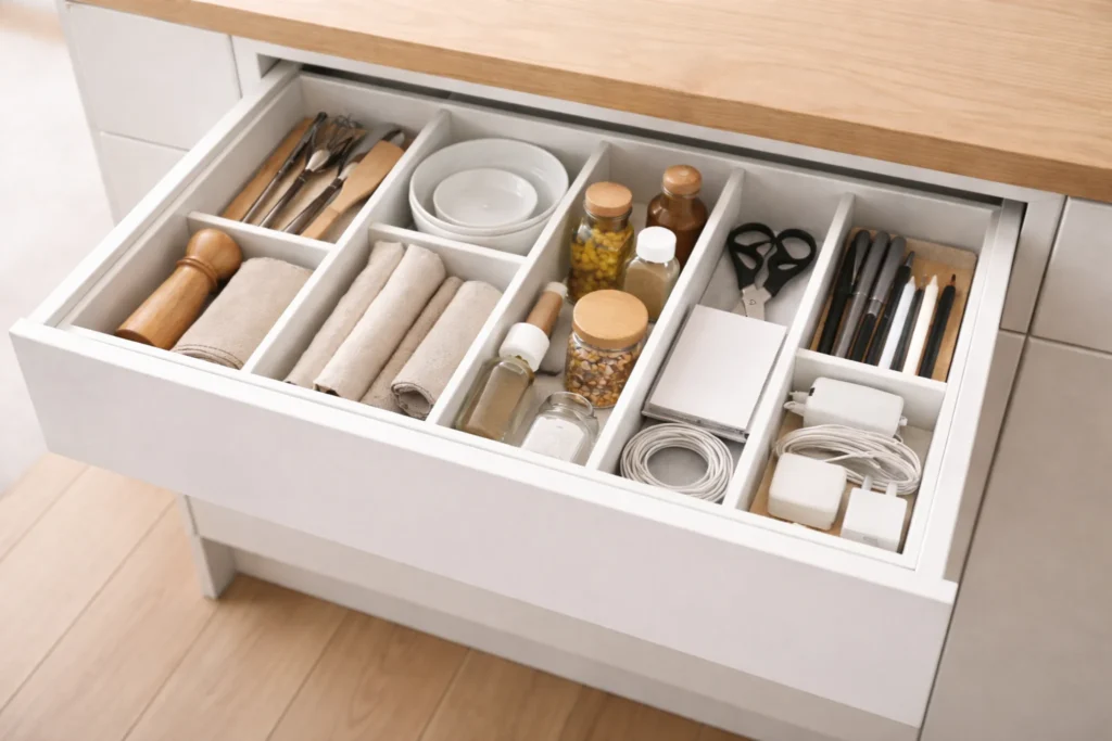 drawer organization system using fitted containers