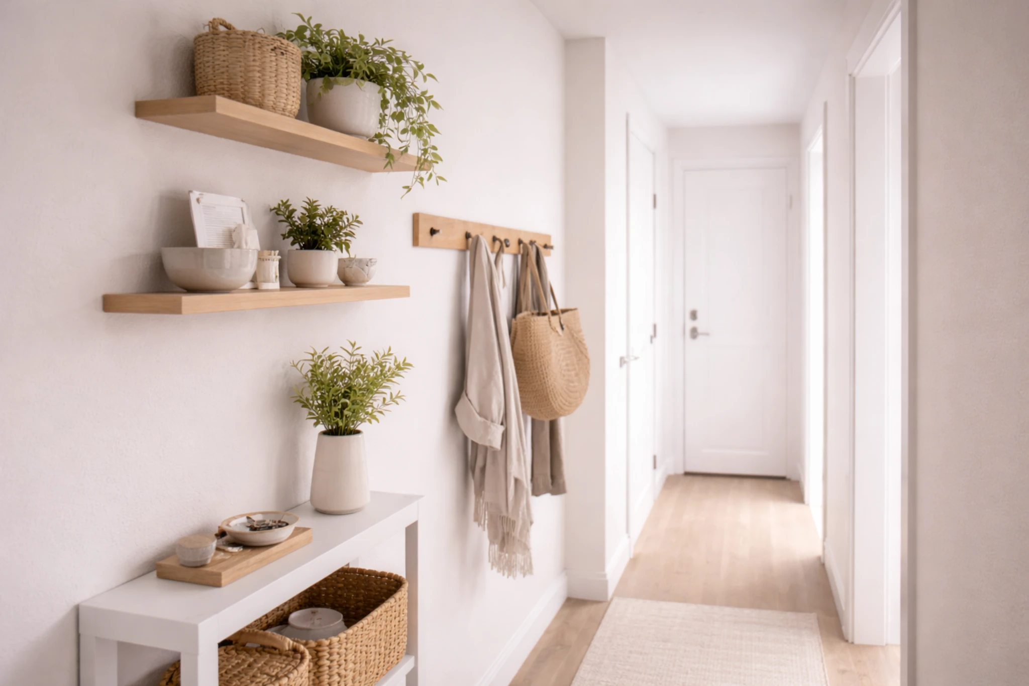 narrow hallway storage ideas using vertical wall shelving