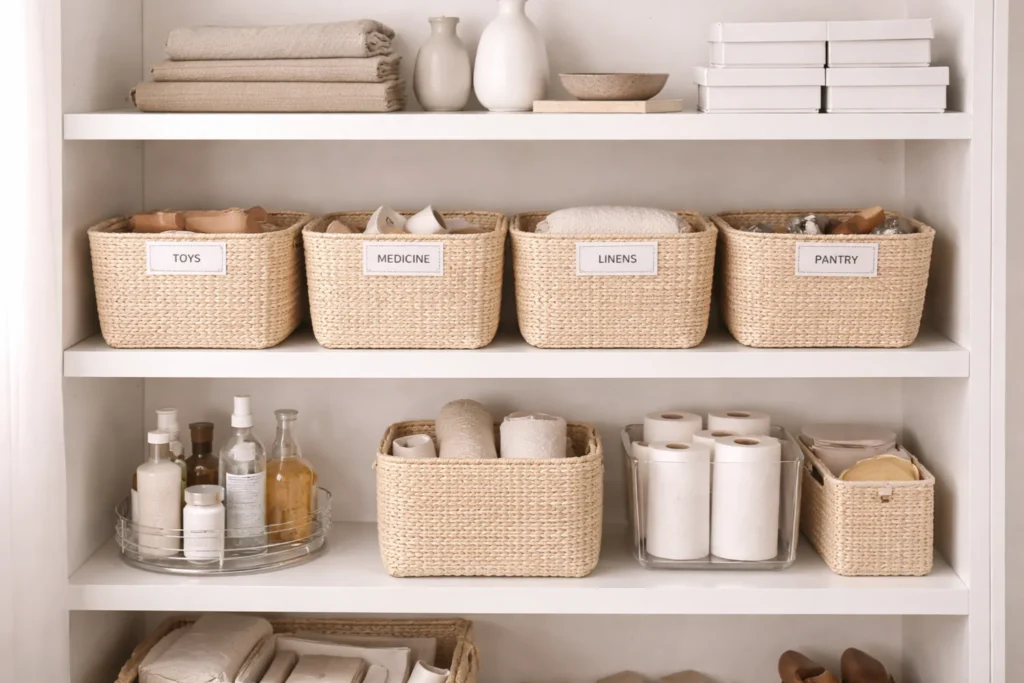 small space storage systems using labeled modular bins