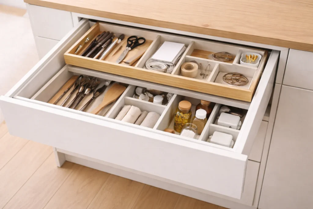 drawer organization system with shallow layered storage